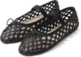 AMINUGAL Raffia Ballet Flats Shoes for Women Dressy Comfortable Woven Straw Women's Flats with Elastic Strap Mesh Flats Bows Raffia Mary Jane Flats Women Ballerina Flats for Women
