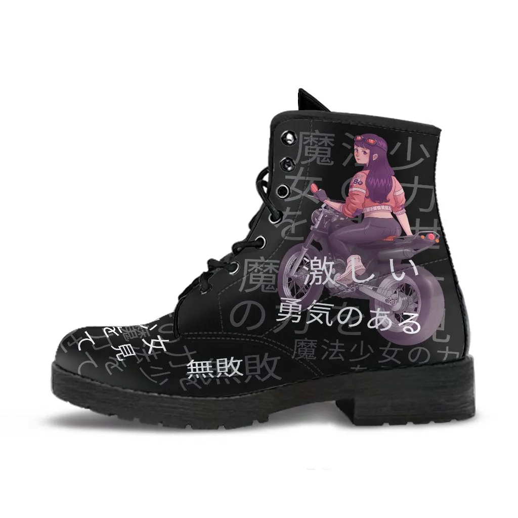Anime Boots 7-Black Combat Boots, Anime Custom Shoes, Vegan Leather