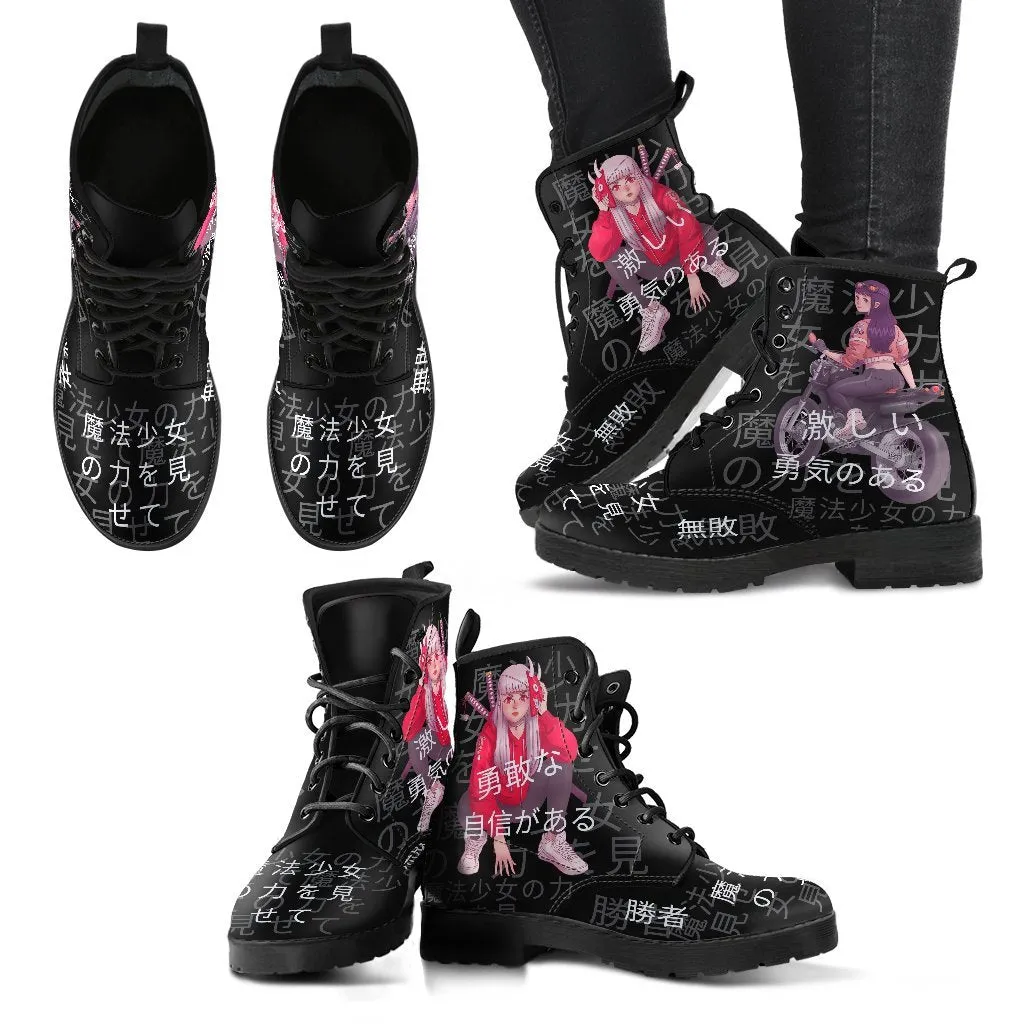 Anime Boots 7-Black Combat Boots, Anime Custom Shoes, Vegan Leather