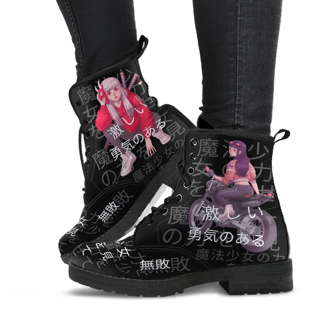 Anime Boots 7-Black Combat Boots, Anime Custom Shoes, Vegan Leather