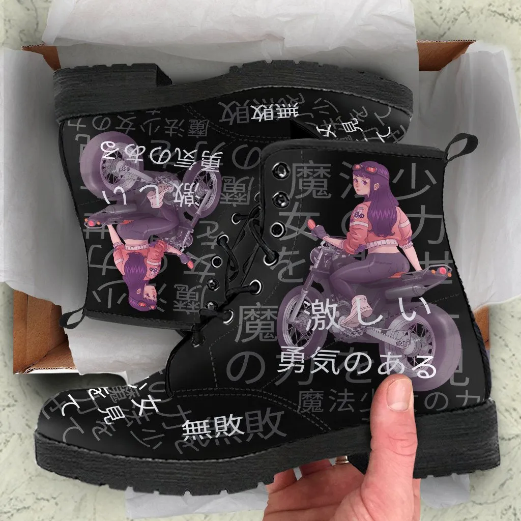 Anime Boots 7-Black Combat Boots, Anime Custom Shoes, Vegan Leather