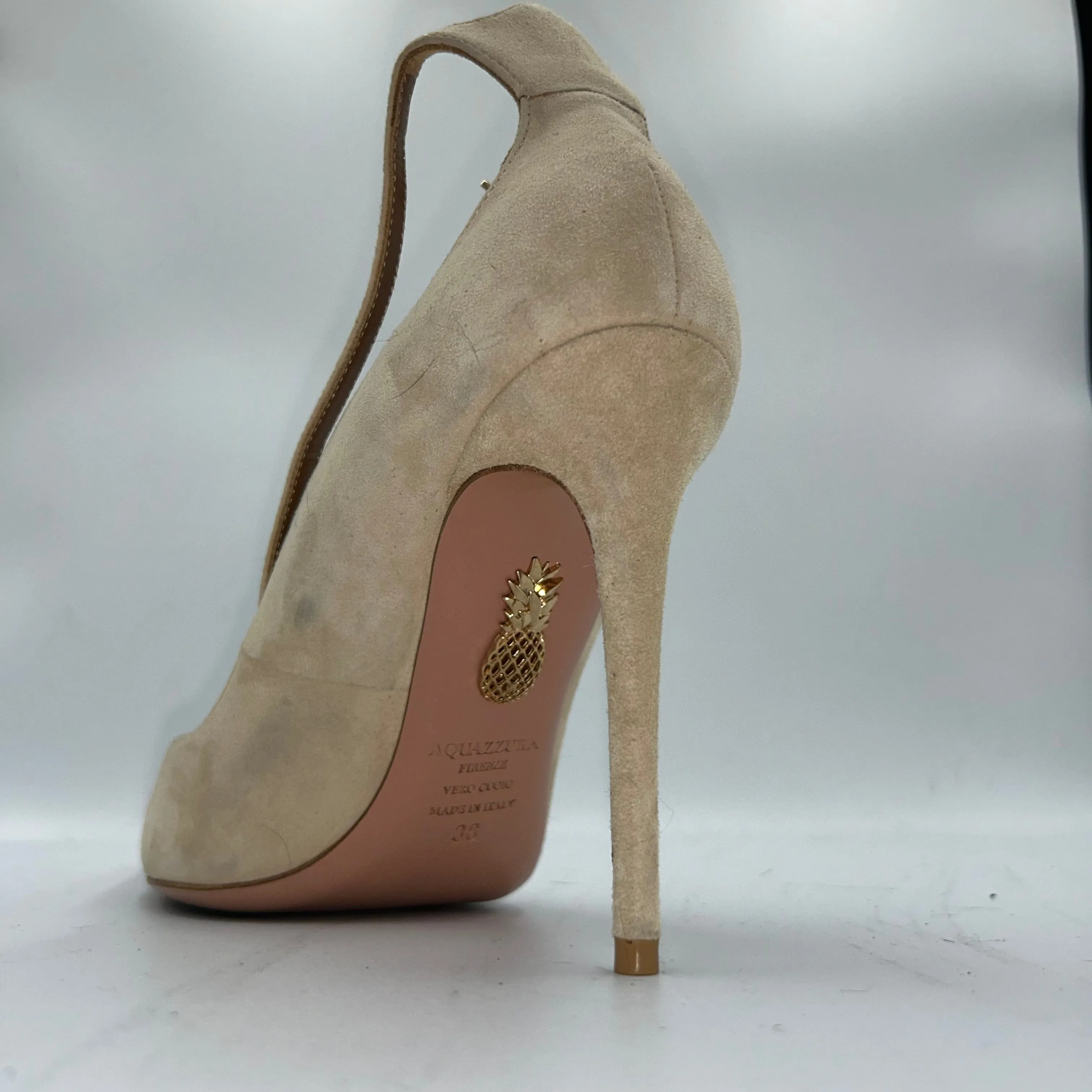 Aquazzura £470 Cream Suede Ankle Strap Pointed Heels 38