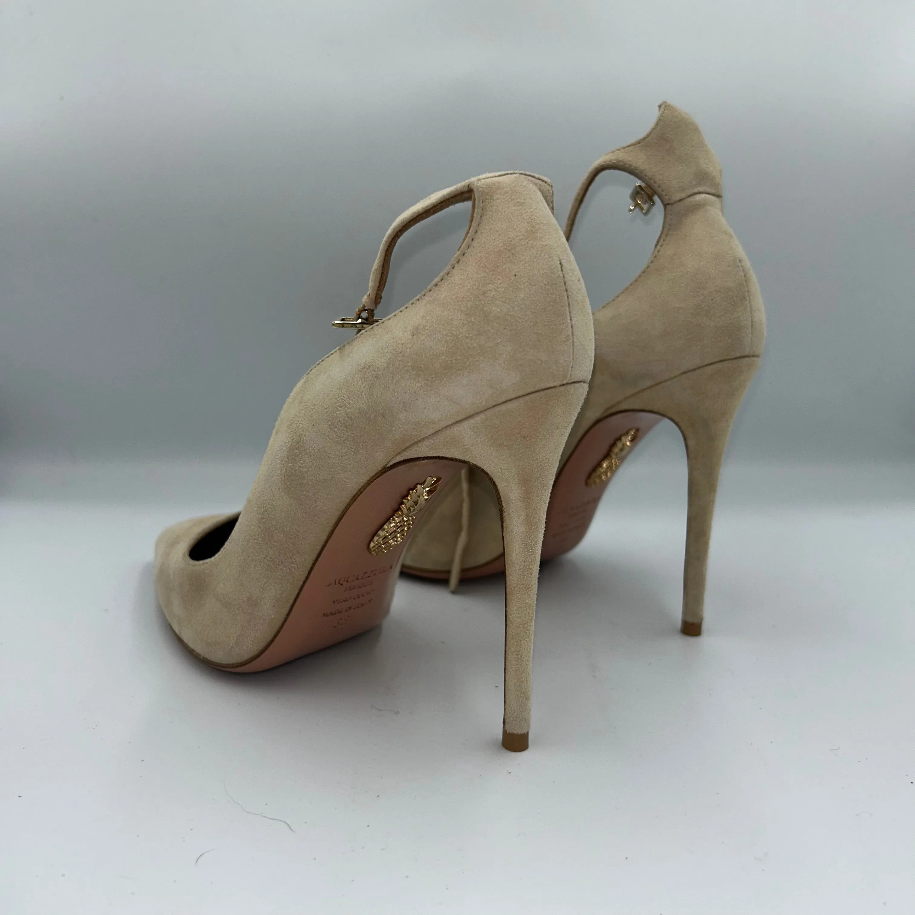 Aquazzura £470 Cream Suede Ankle Strap Pointed Heels 38