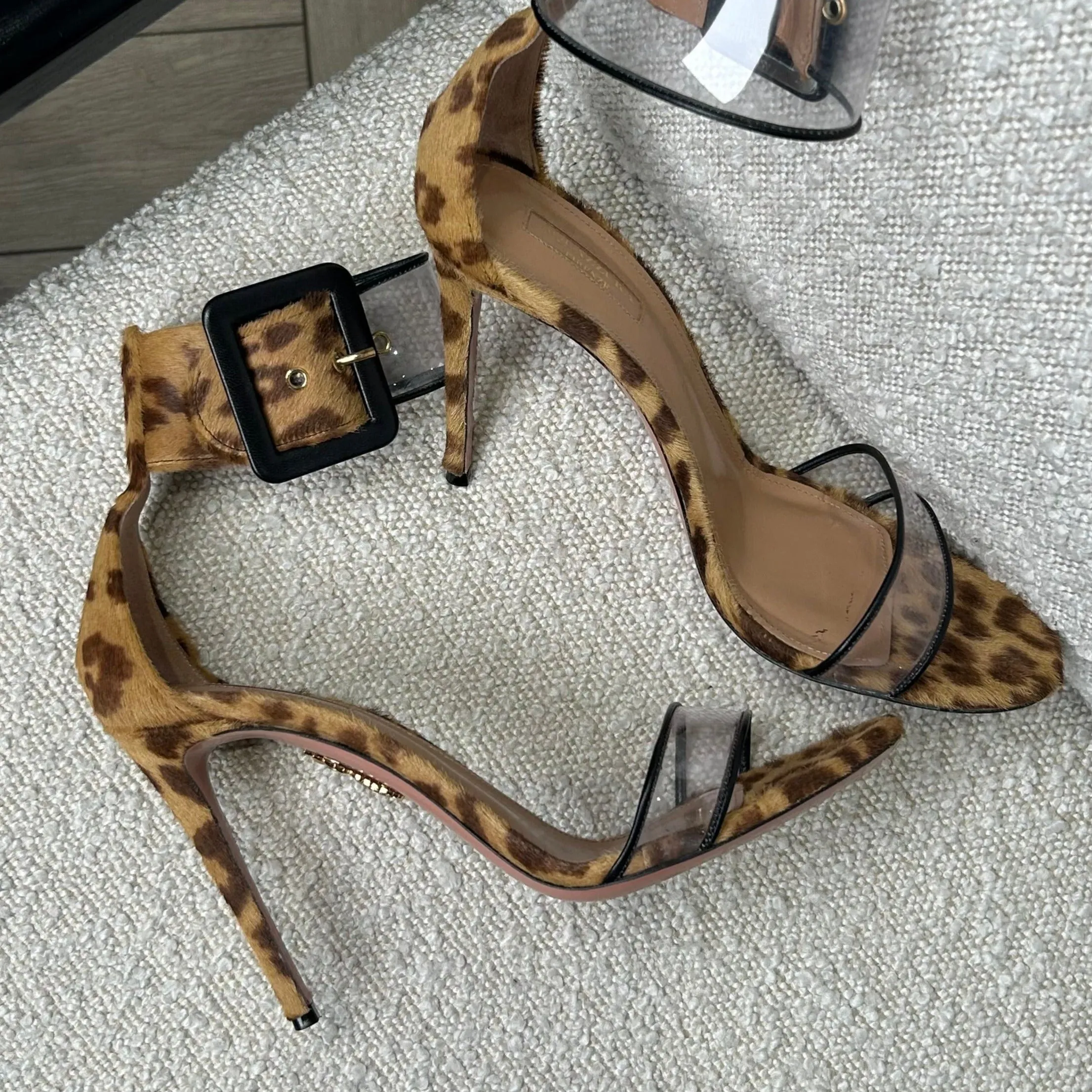 Aquazzura Leopard Print Pony Skin Heels With Clear Strap