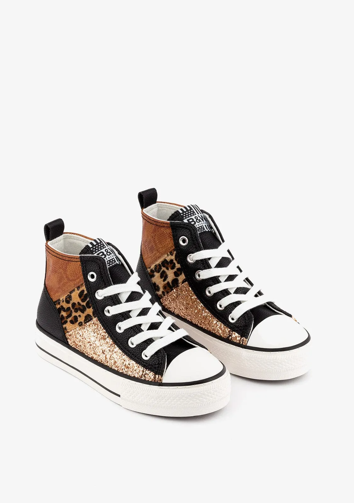B&W Black - Leopard Patchwork Platform High-Top Sneakers