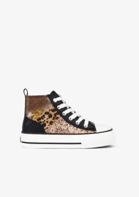 B&W Black - Leopard Patchwork Platform High-Top Sneakers