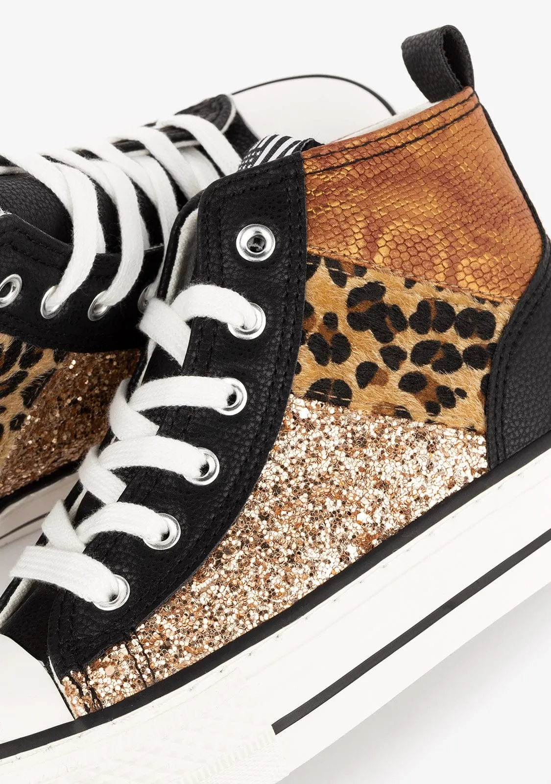 B&W Black - Leopard Patchwork Platform High-Top Sneakers