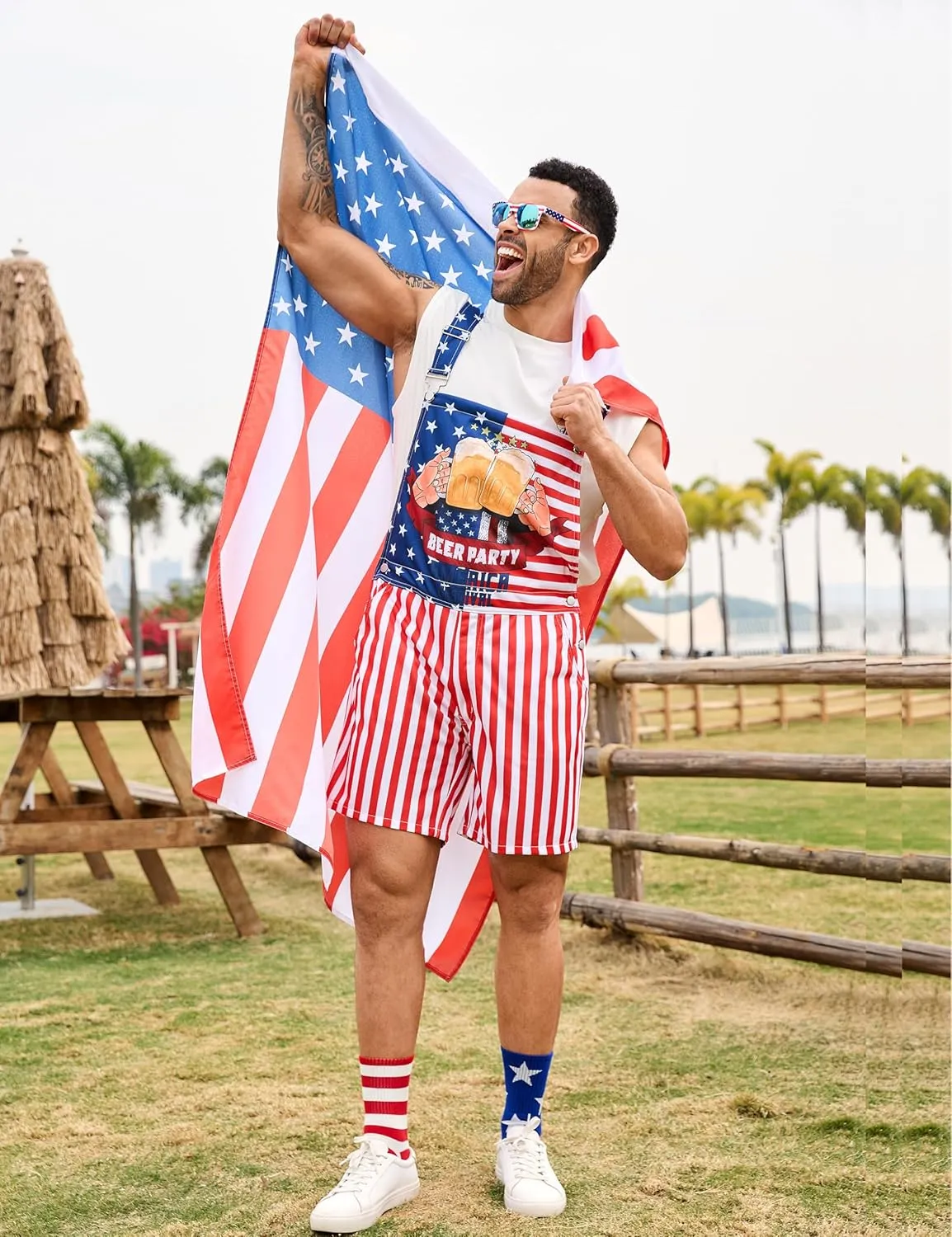 Bindefon Bibs Overalls Men Adjustable Straps Coveralls Shorts Printed Jumpsuit Male Romper