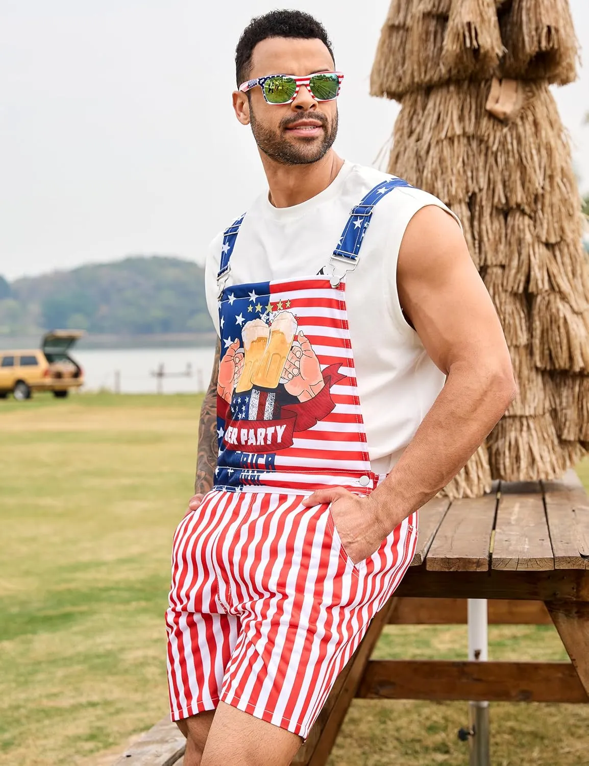 Bindefon Bibs Overalls Men Adjustable Straps Coveralls Shorts Printed Jumpsuit Male Romper