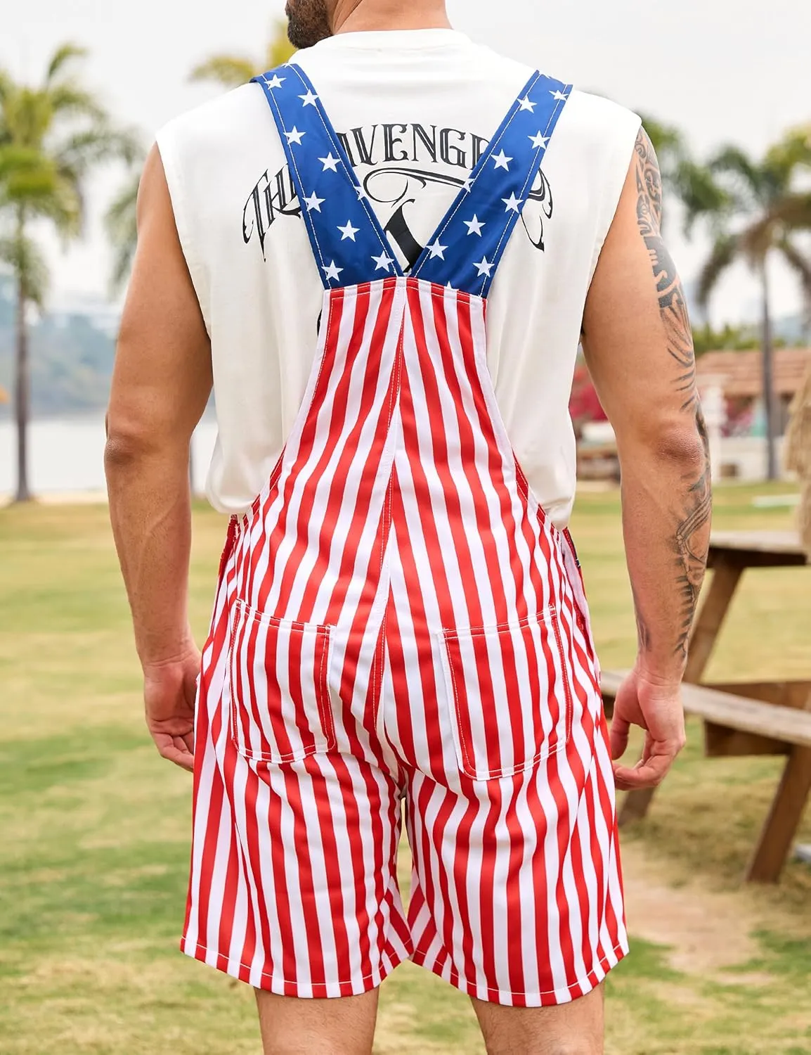 Bindefon Bibs Overalls Men Adjustable Straps Coveralls Shorts Printed Jumpsuit Male Romper
