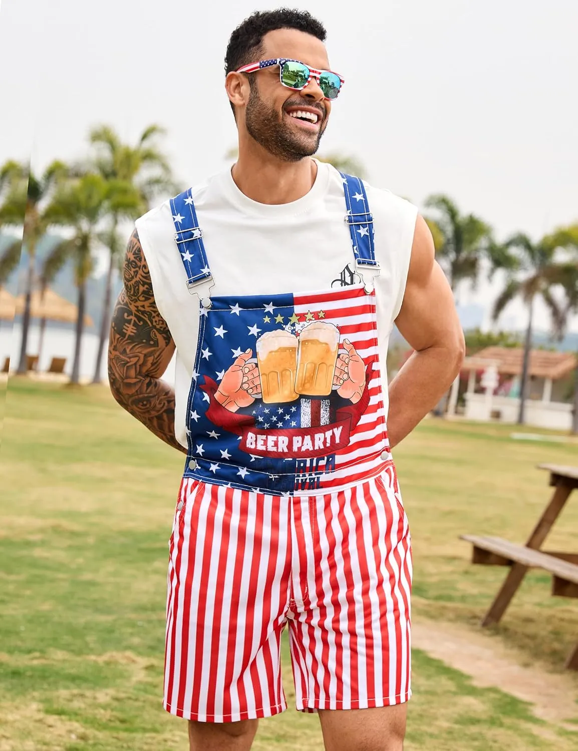 Bindefon Bibs Overalls Men Adjustable Straps Coveralls Shorts Printed Jumpsuit Male Romper