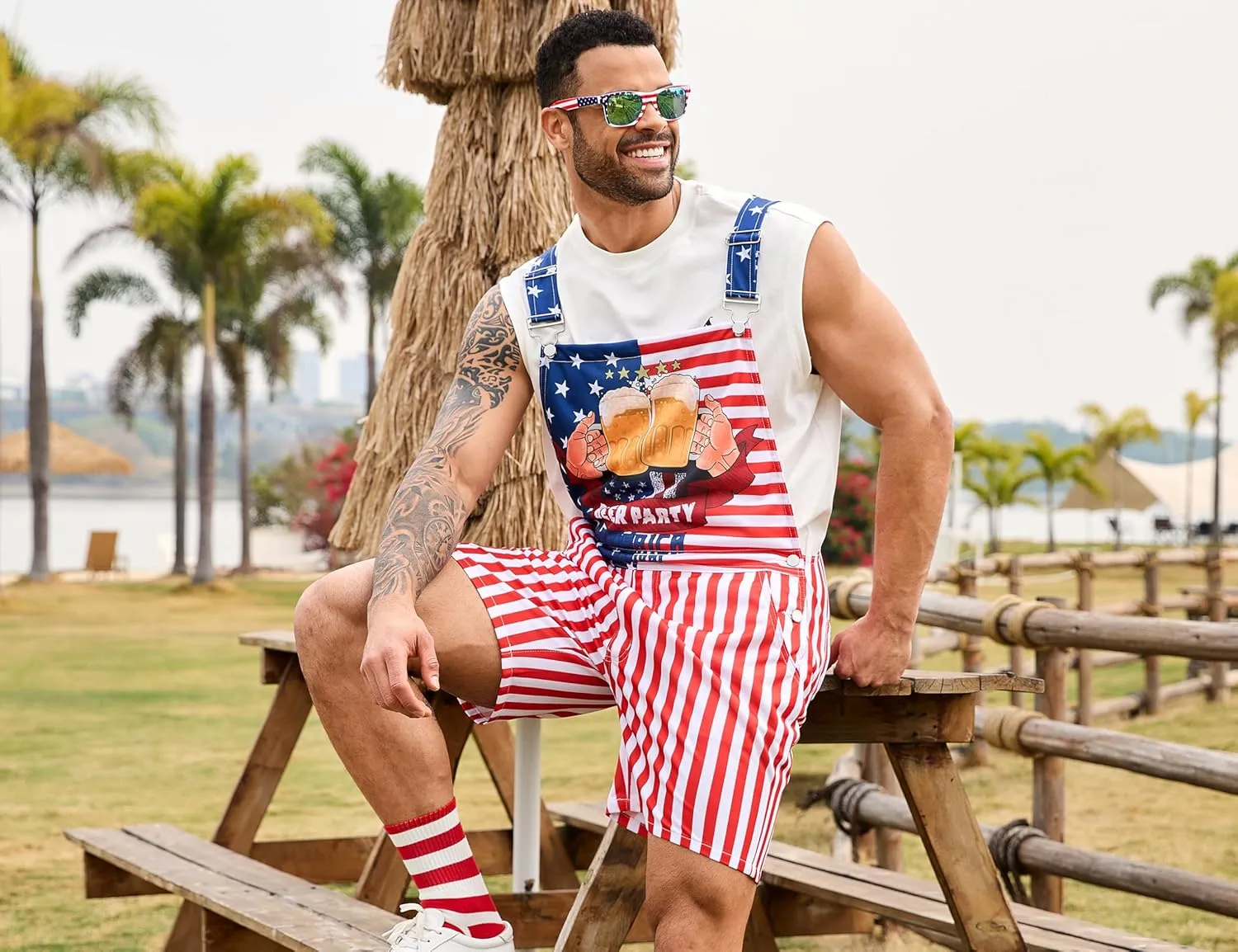 Bindefon Bibs Overalls Men Adjustable Straps Coveralls Shorts Printed Jumpsuit Male Romper