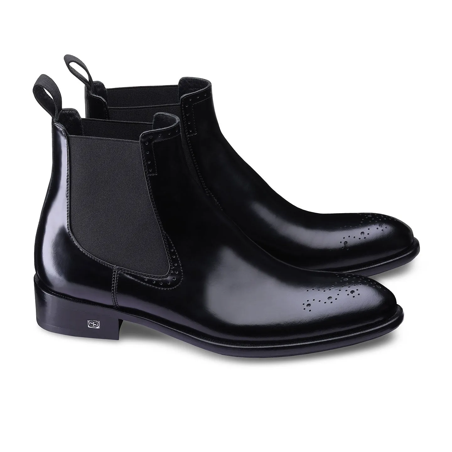 Black Semi-Patent Leather Chelsea Boots with Oxford Patterns