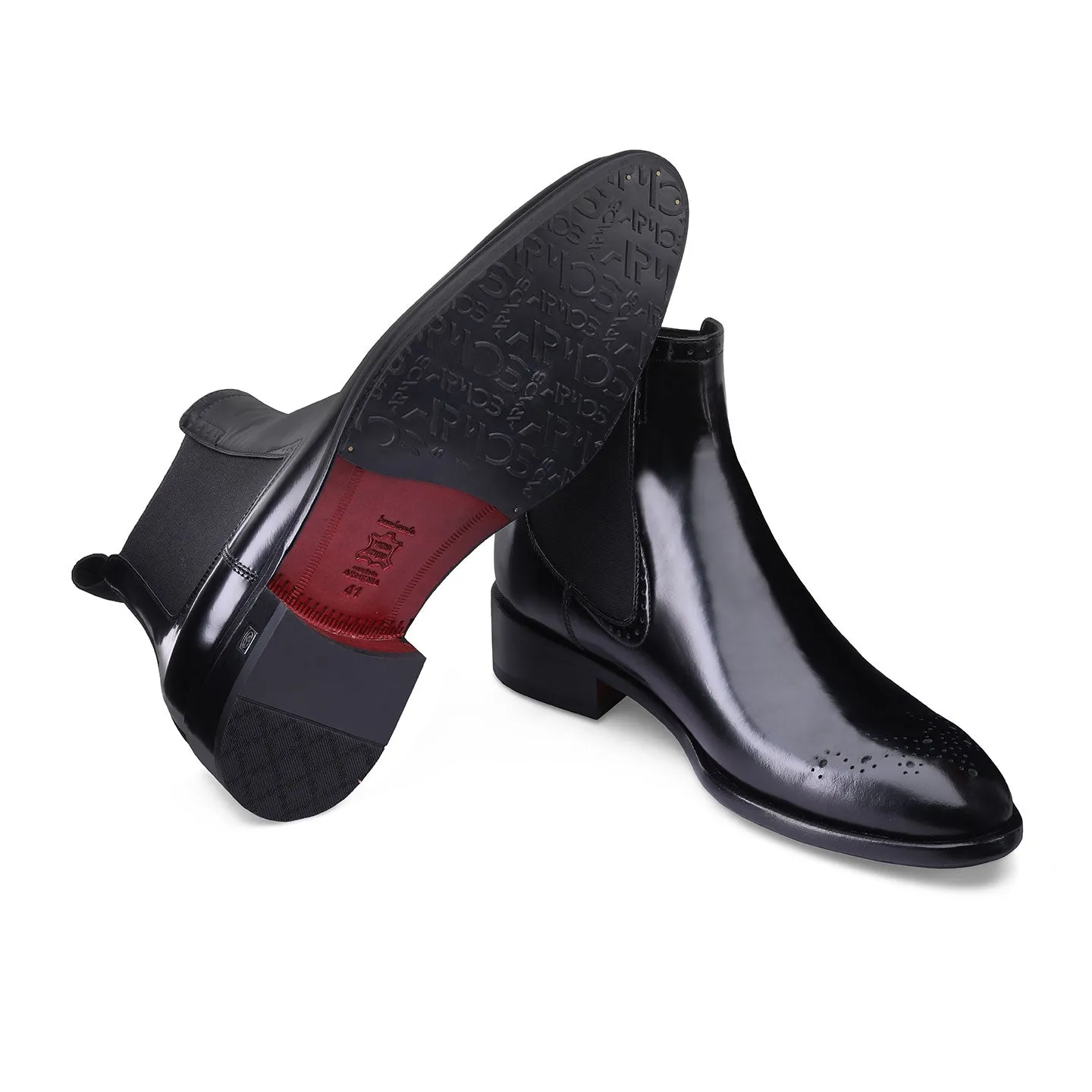 Black Semi-Patent Leather Chelsea Boots with Oxford Patterns