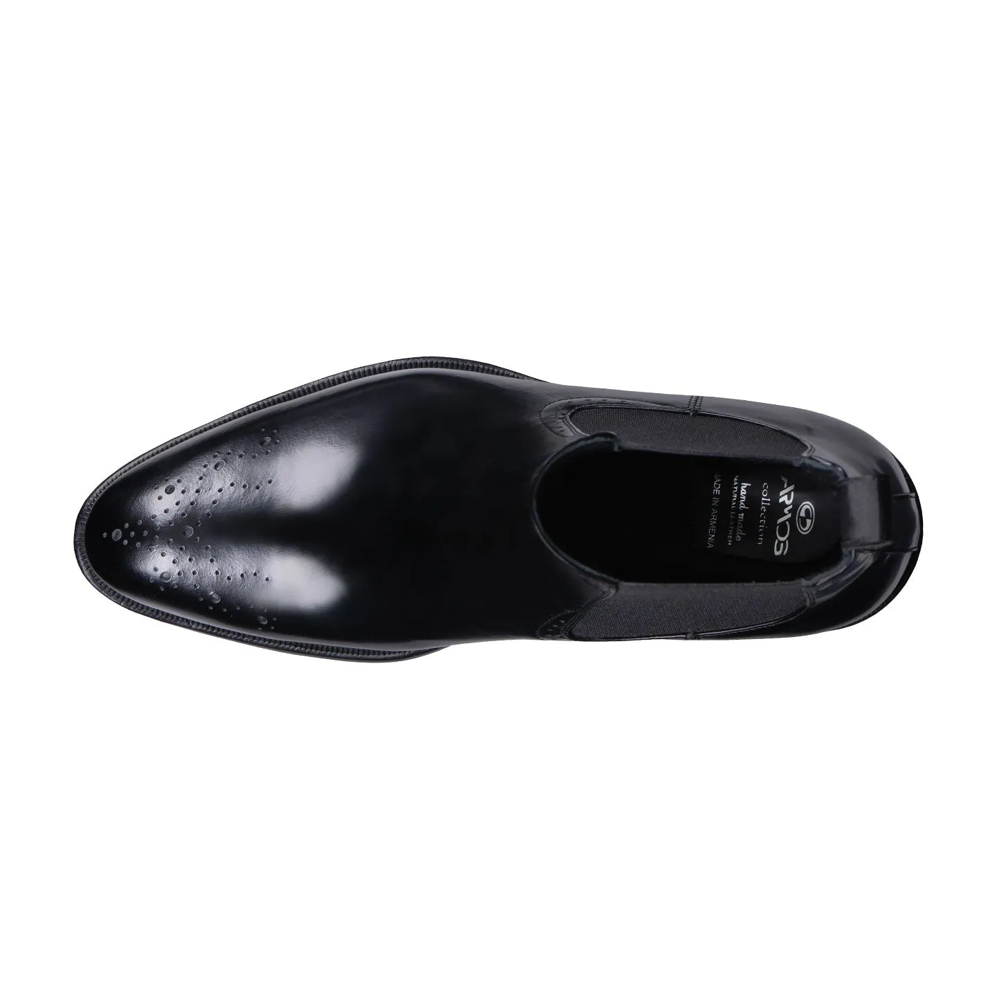Black Semi-Patent Leather Chelsea Boots with Oxford Patterns