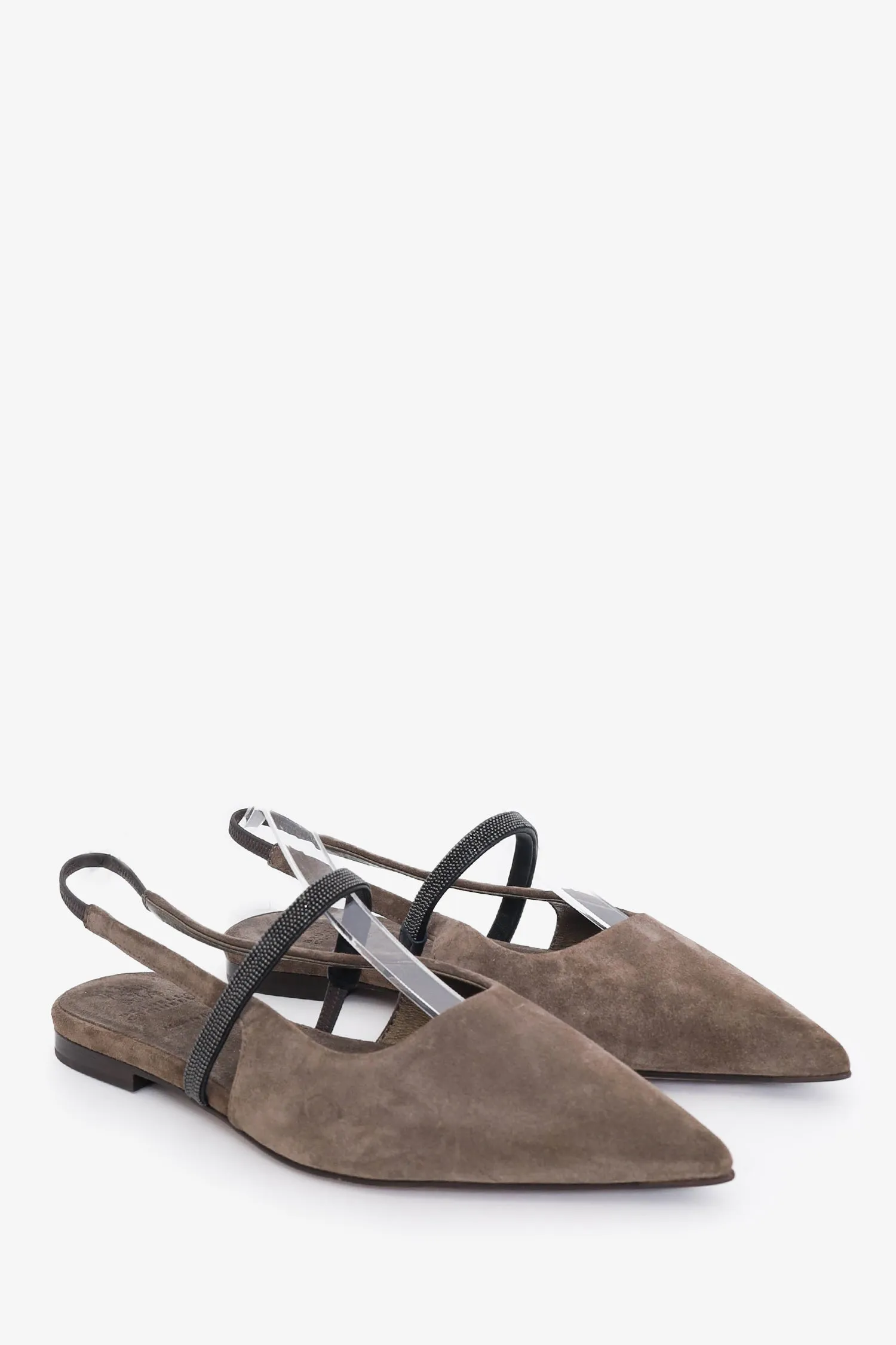 Brunello Cucinelli Taupe Crystal Detail Pointed Flats Size 36.5