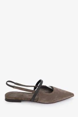 Brunello Cucinelli Taupe Crystal Detail Pointed Flats Size 36.5