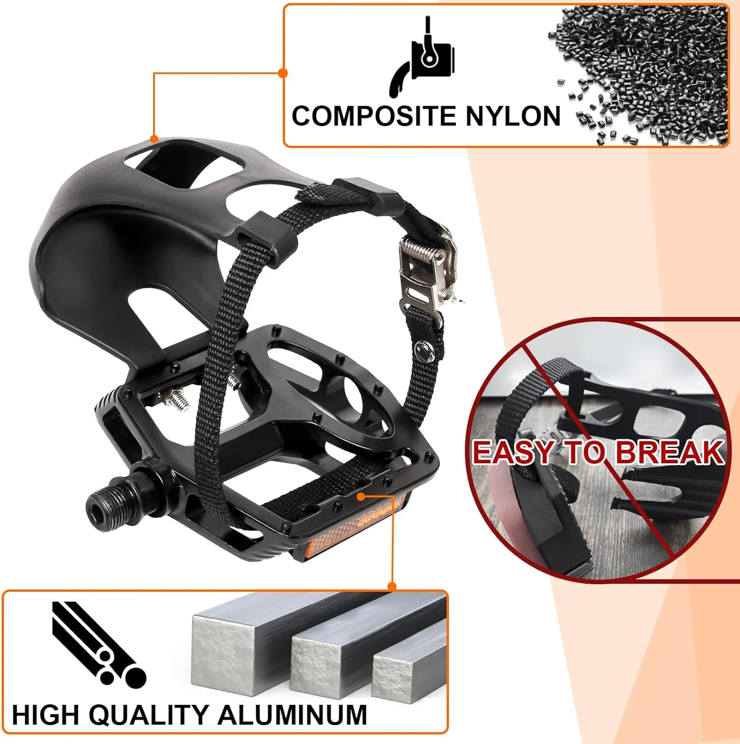 Bucklos Bike Pedals with Toe Cages and Straps - Bicycle Toe Clips Cage Compatible with Road Bike/Peloton/Mountian Bikes/MTB - Toe Clip Pedal for Wide Shoes Indoor Outdoor Cycling
