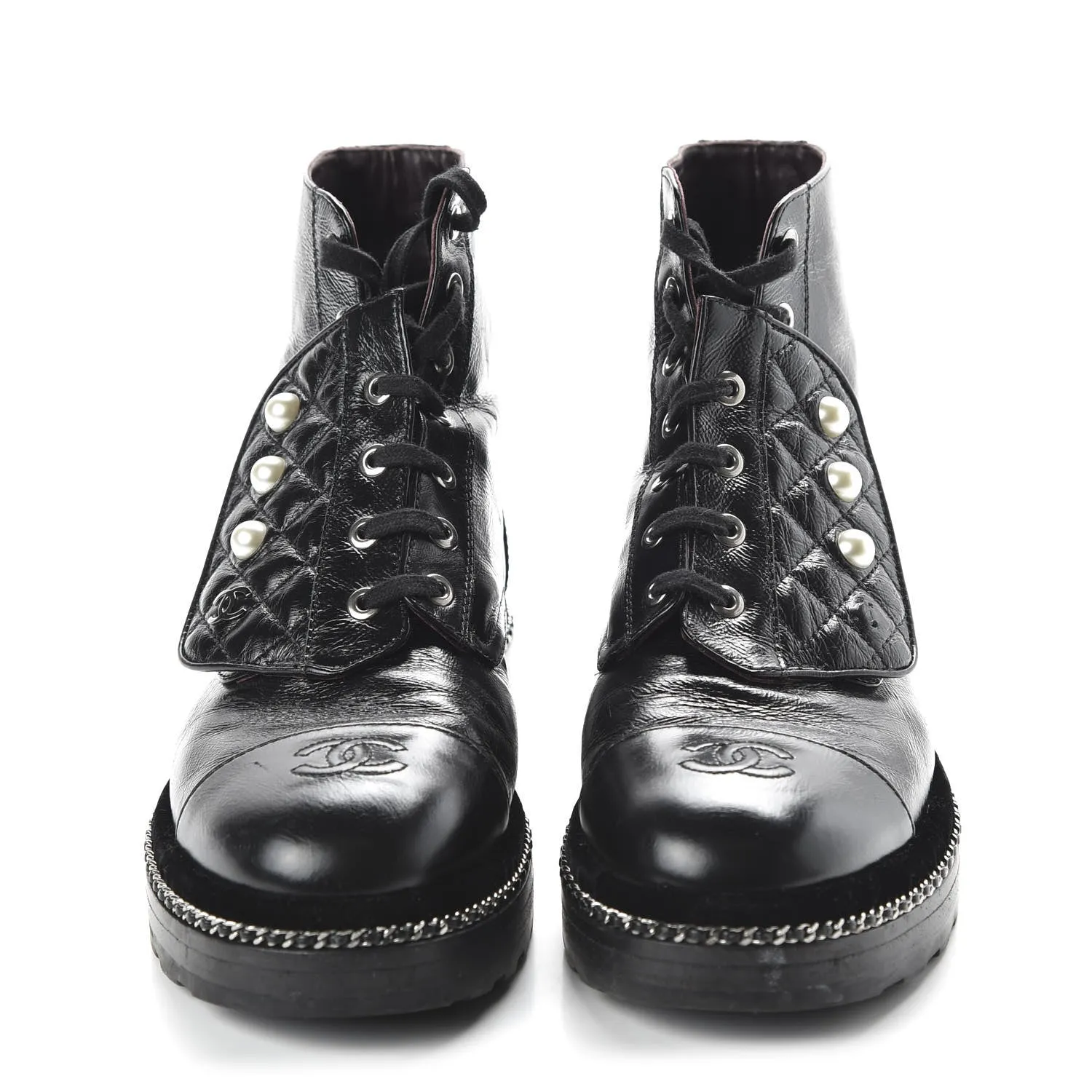 CHANEL CRACKLED CALFSKIN LEATHER VELVET PEARL COMBAT BOOTS