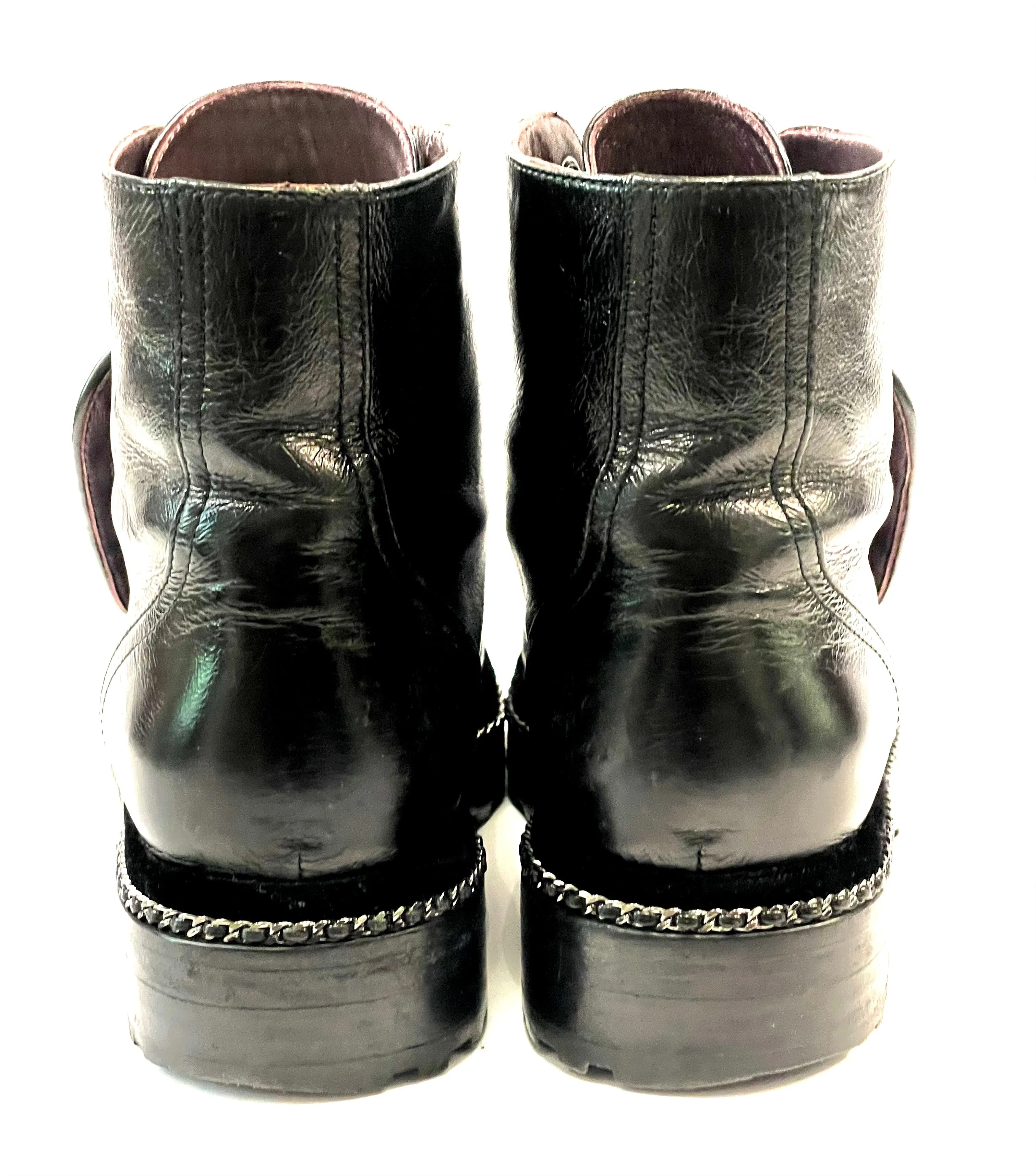 CHANEL CRACKLED CALFSKIN LEATHER VELVET PEARL COMBAT BOOTS