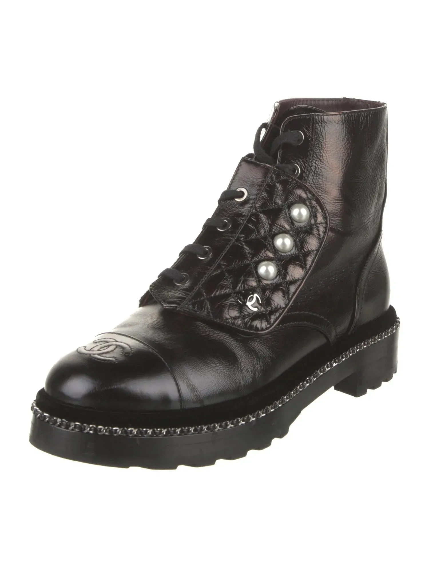 CHANEL CRACKLED CALFSKIN LEATHER VELVET PEARL COMBAT BOOTS