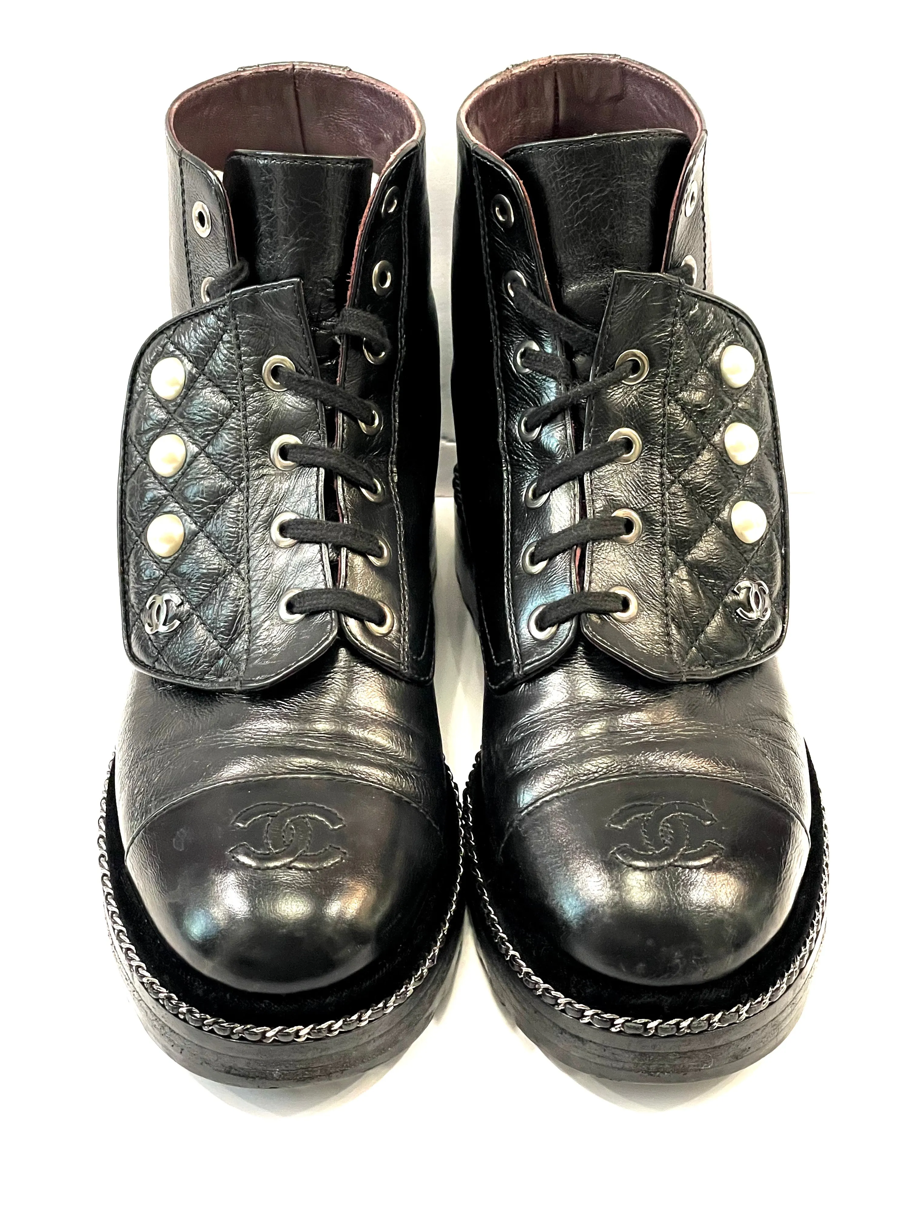 CHANEL CRACKLED CALFSKIN LEATHER VELVET PEARL COMBAT BOOTS