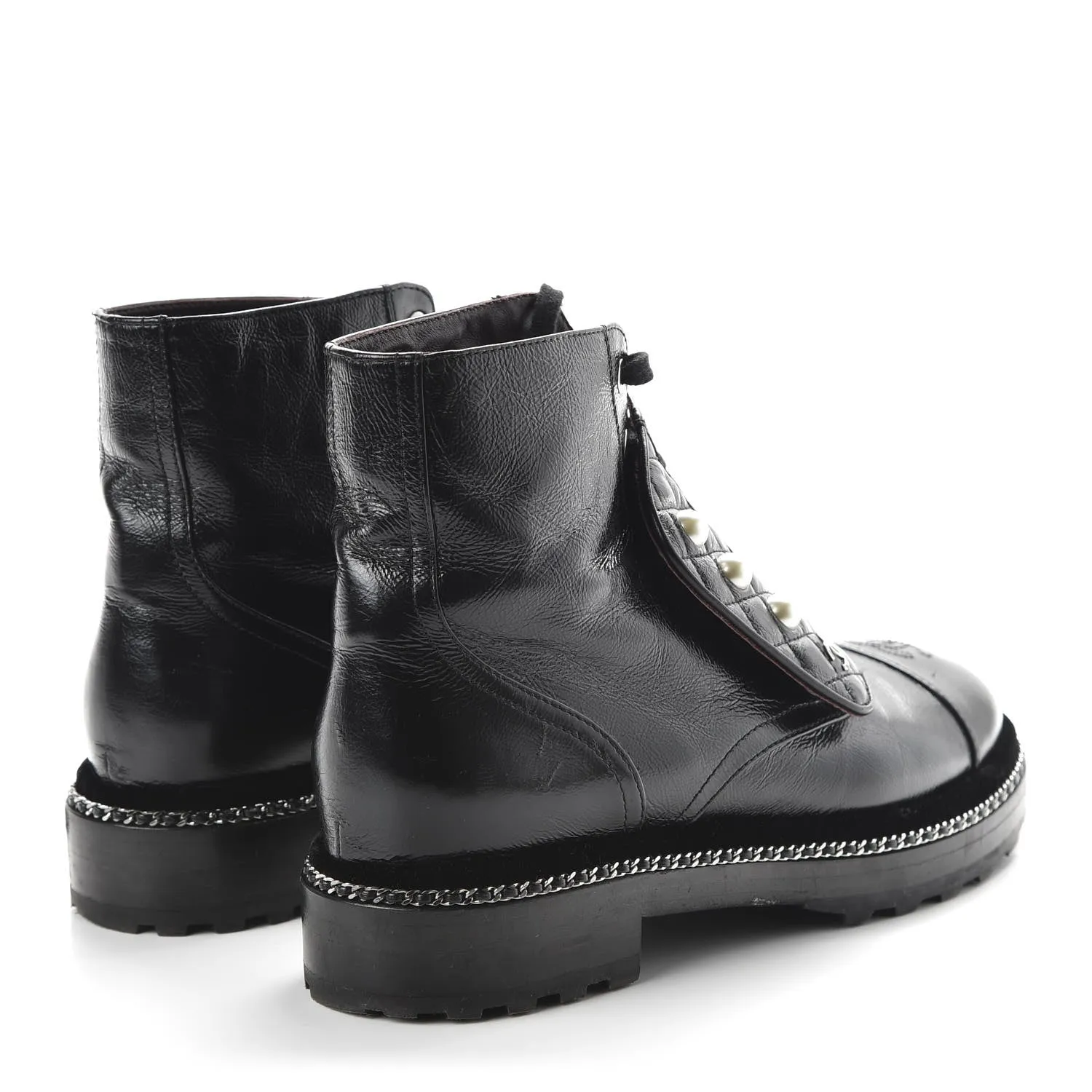 CHANEL CRACKLED CALFSKIN LEATHER VELVET PEARL COMBAT BOOTS