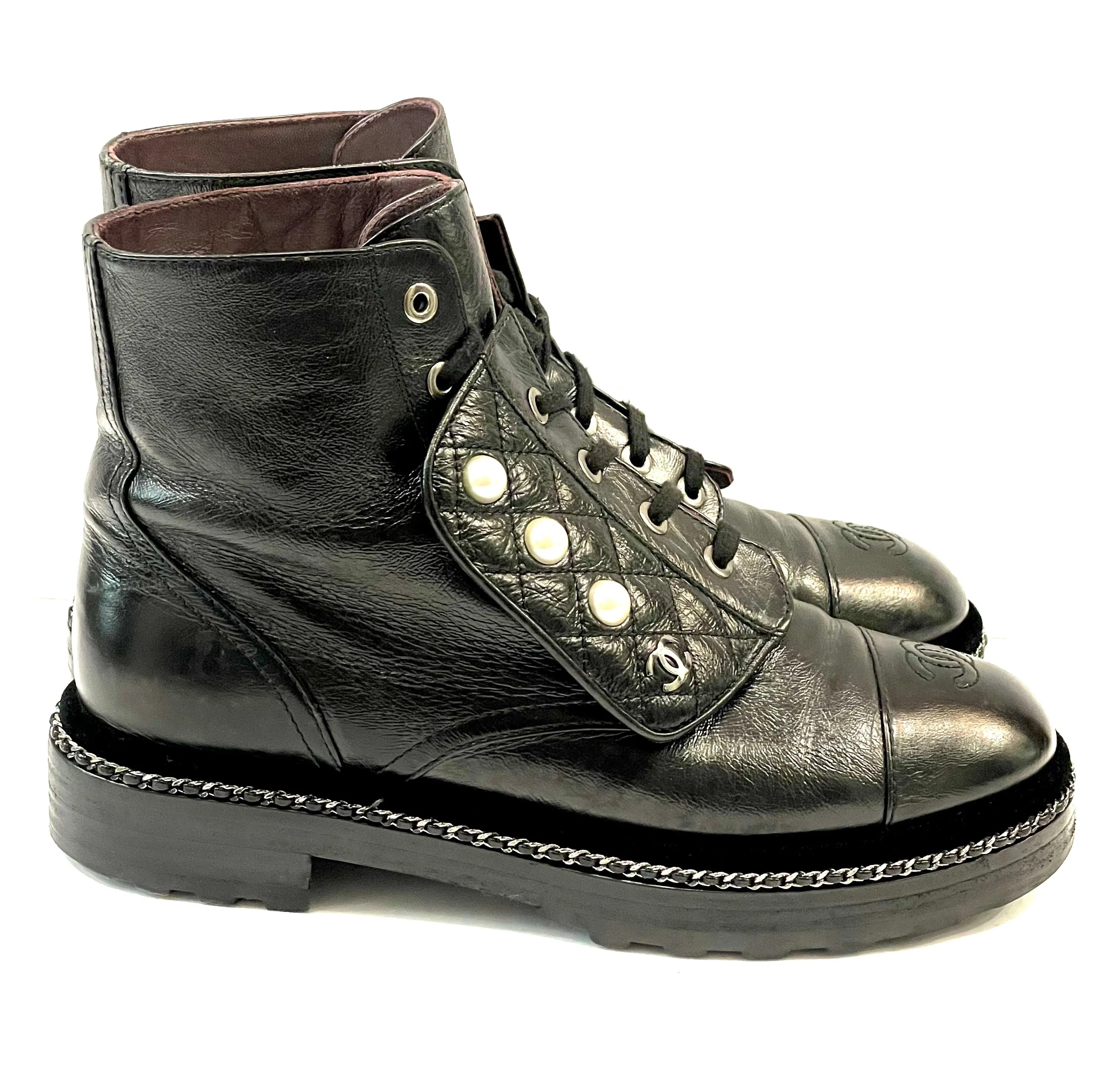 CHANEL CRACKLED CALFSKIN LEATHER VELVET PEARL COMBAT BOOTS