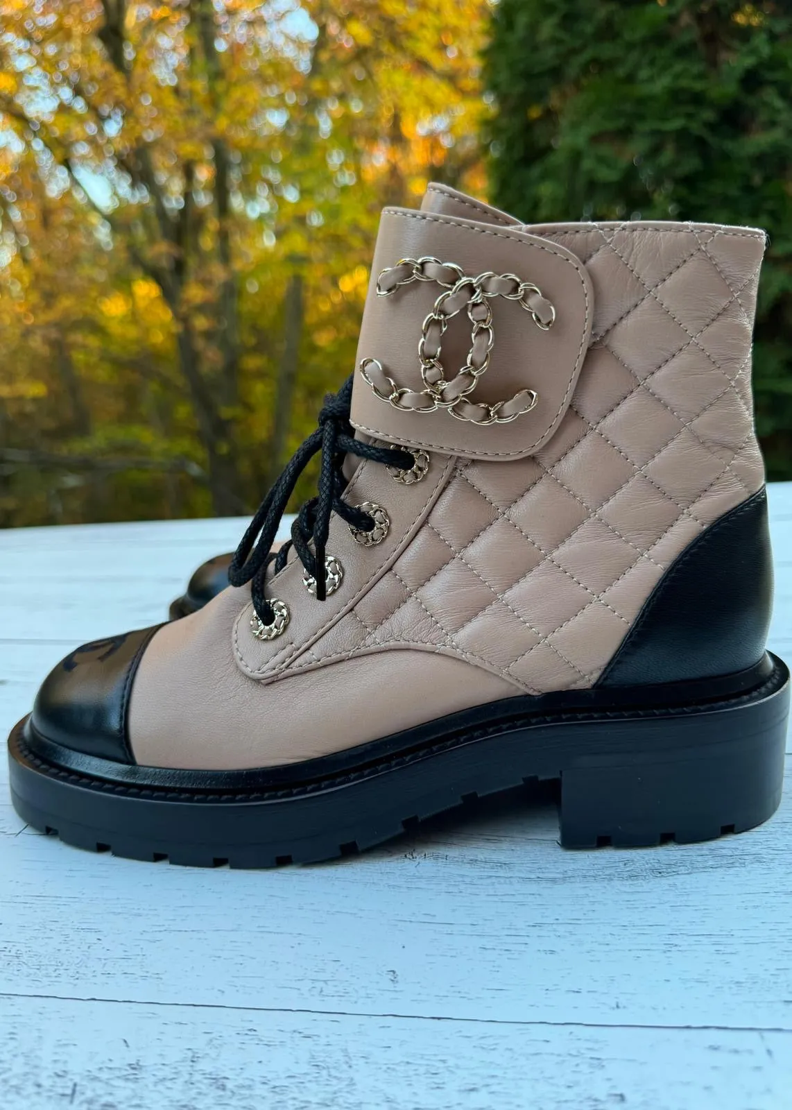 CHANEL QUILTED LAMBSKIN LACE-UP COMBAT BOOTS