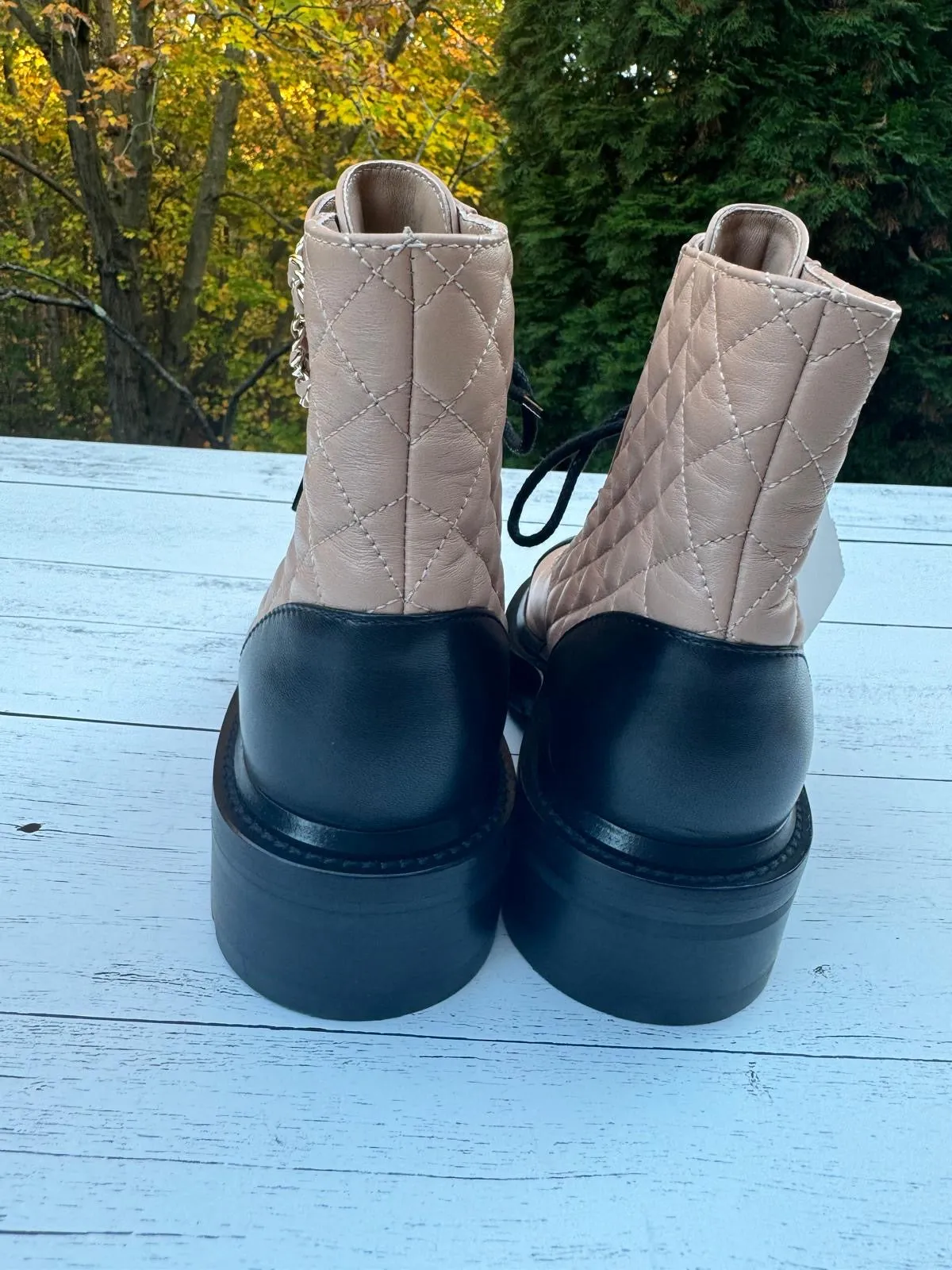 CHANEL QUILTED LAMBSKIN LACE-UP COMBAT BOOTS