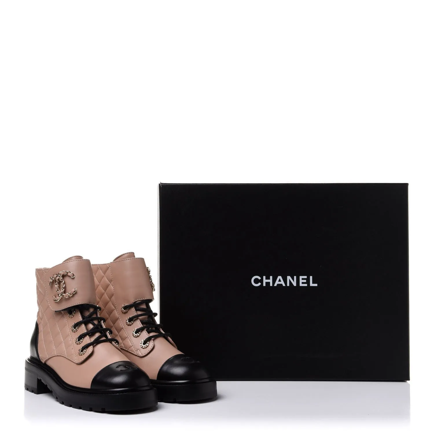 CHANEL QUILTED LAMBSKIN LACE-UP COMBAT BOOTS