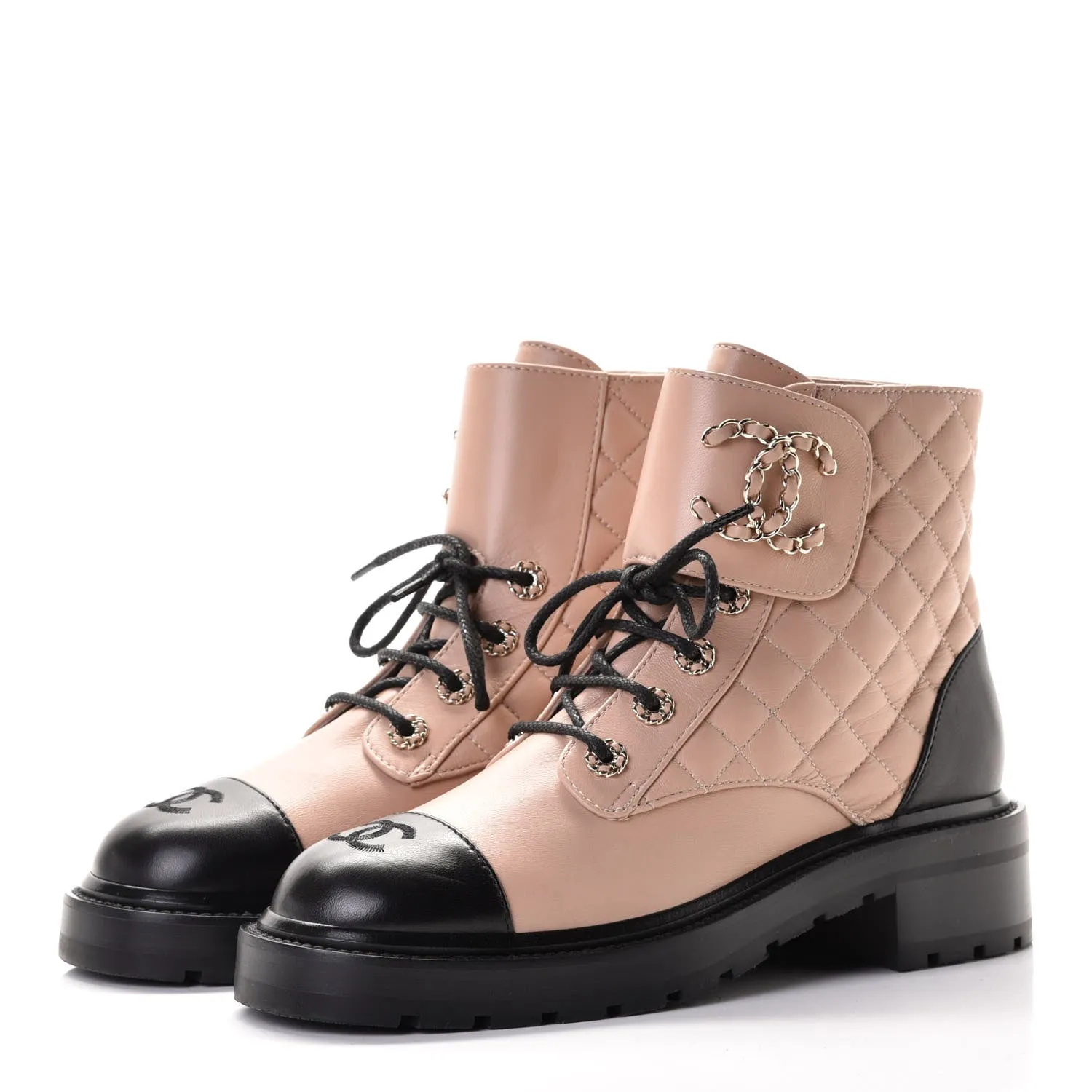 CHANEL QUILTED LAMBSKIN LACE-UP COMBAT BOOTS
