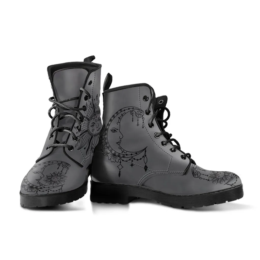 Combat Boots - Sun and Moon Boots #14 Gray | Custom Shoes, Vegan Shoes, Vegan Leather Lace Up Boots, Handmade Lace Up Boots, Custom Shoes