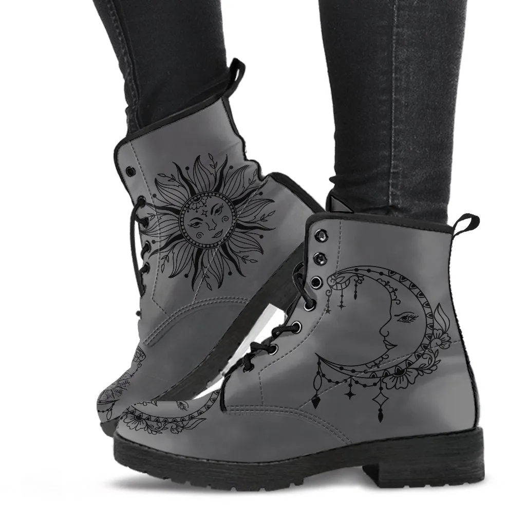 Combat Boots - Sun and Moon Boots #14 Gray | Custom Shoes, Vegan Shoes, Vegan Leather Lace Up Boots, Handmade Lace Up Boots, Custom Shoes