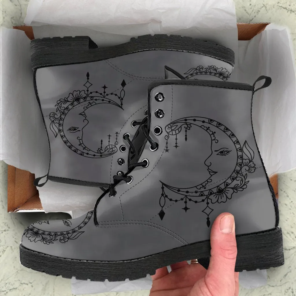 Combat Boots - Sun and Moon Boots #14 Gray | Custom Shoes, Vegan Shoes, Vegan Leather Lace Up Boots, Handmade Lace Up Boots, Custom Shoes