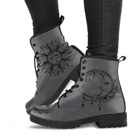 Combat Boots - Sun and Moon Boots #14 Gray | Custom Shoes, Vegan Shoes, Vegan Leather Lace Up Boots, Handmade Lace Up Boots, Custom Shoes