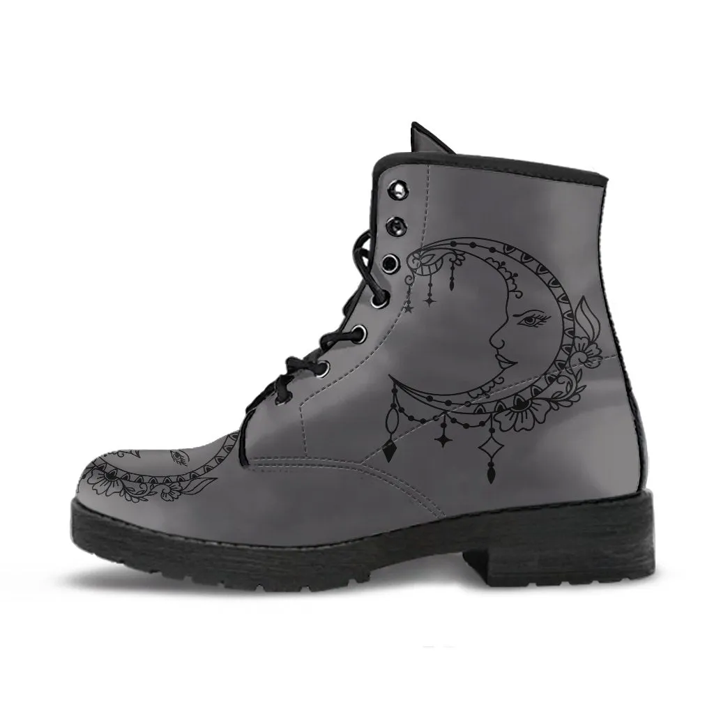 Combat Boots - Sun and Moon Boots #14 Gray | Custom Shoes, Vegan Shoes, Vegan Leather Lace Up Boots, Handmade Lace Up Boots, Custom Shoes