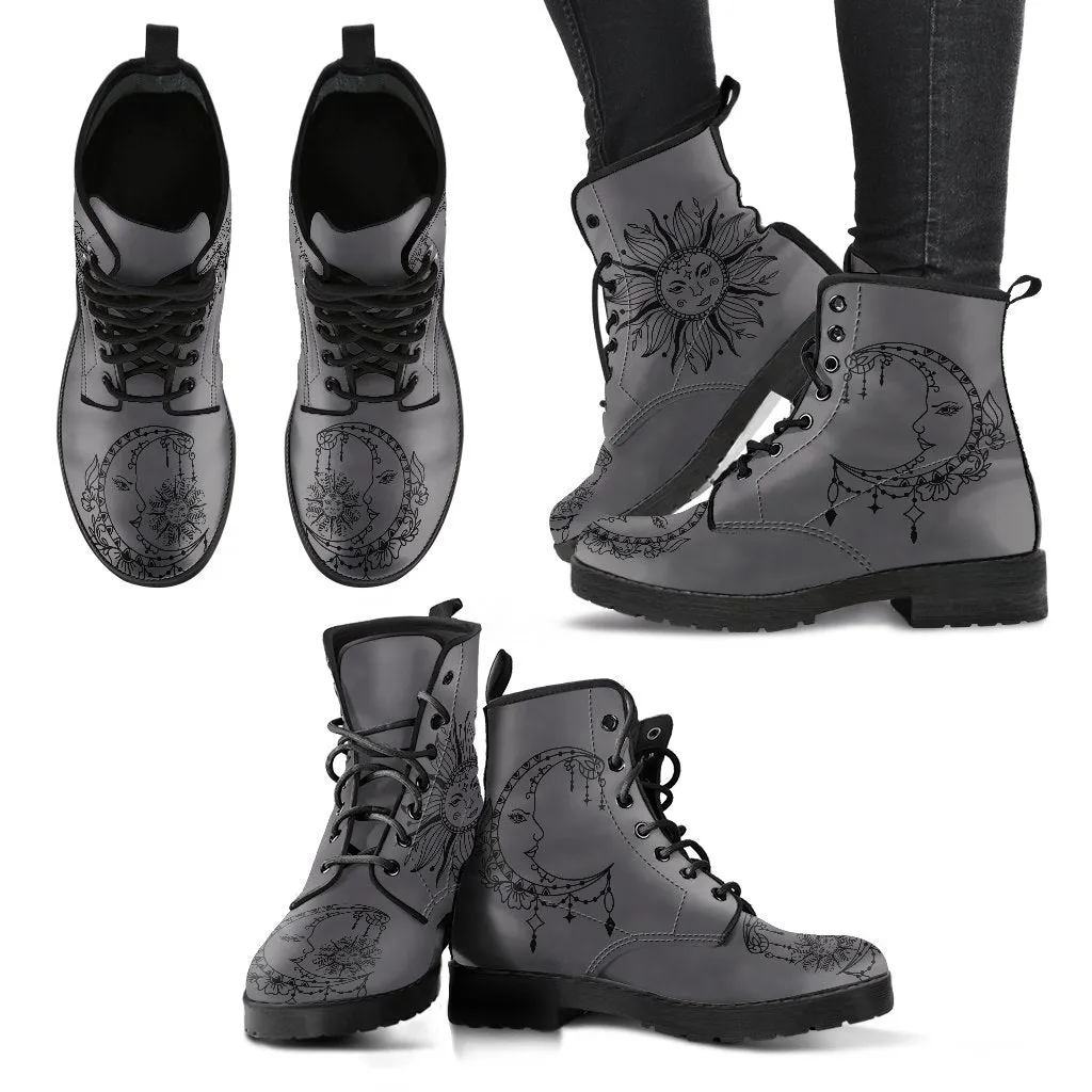 Combat Boots - Sun and Moon Boots #14 Gray | Custom Shoes, Vegan Shoes, Vegan Leather Lace Up Boots, Handmade Lace Up Boots, Custom Shoes