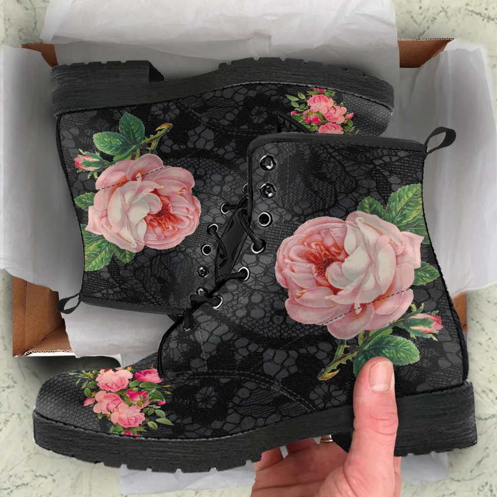 Combat Boots - Vintage Style Flowers #103 | Boho Shoes, Handmade Lace Up Boots, Vegan Leather Lace Up Boots Women