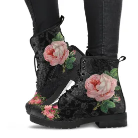 Combat Boots - Vintage Style Flowers #103 | Boho Shoes, Handmade Lace Up Boots, Vegan Leather Lace Up Boots Women