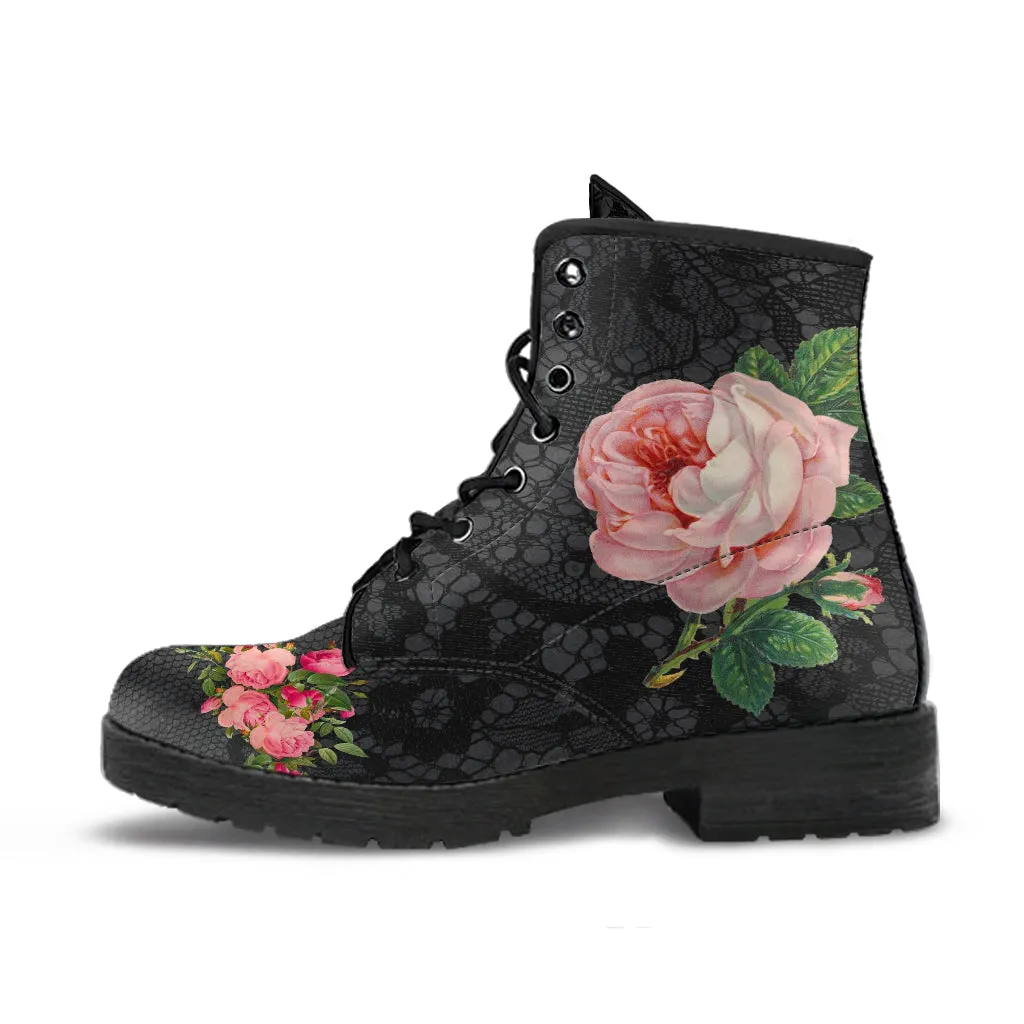 Combat Boots - Vintage Style Flowers #103 | Boho Shoes, Handmade Lace Up Boots, Vegan Leather Lace Up Boots Women