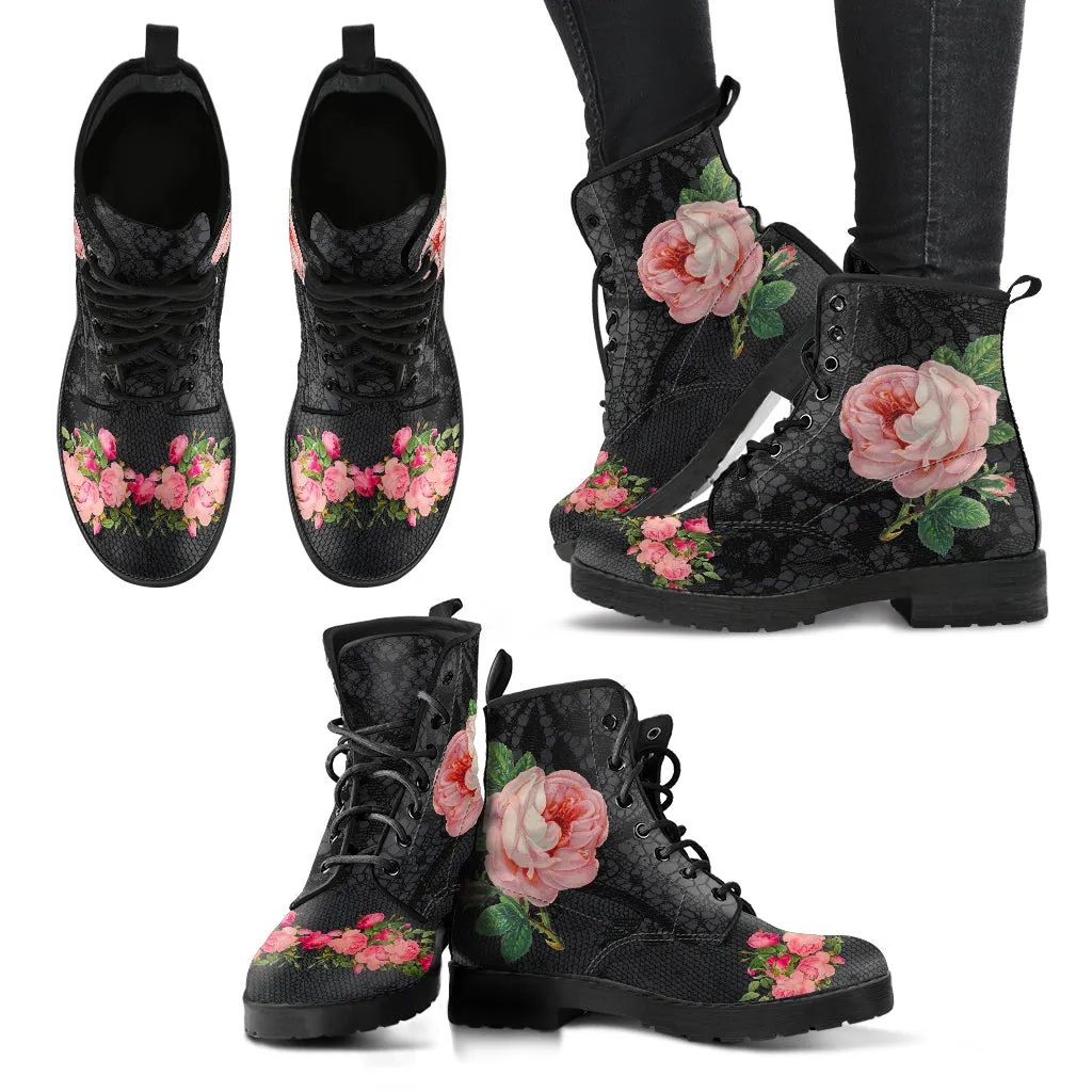 Combat Boots - Vintage Style Flowers #103 | Boho Shoes, Handmade Lace Up Boots, Vegan Leather Lace Up Boots Women