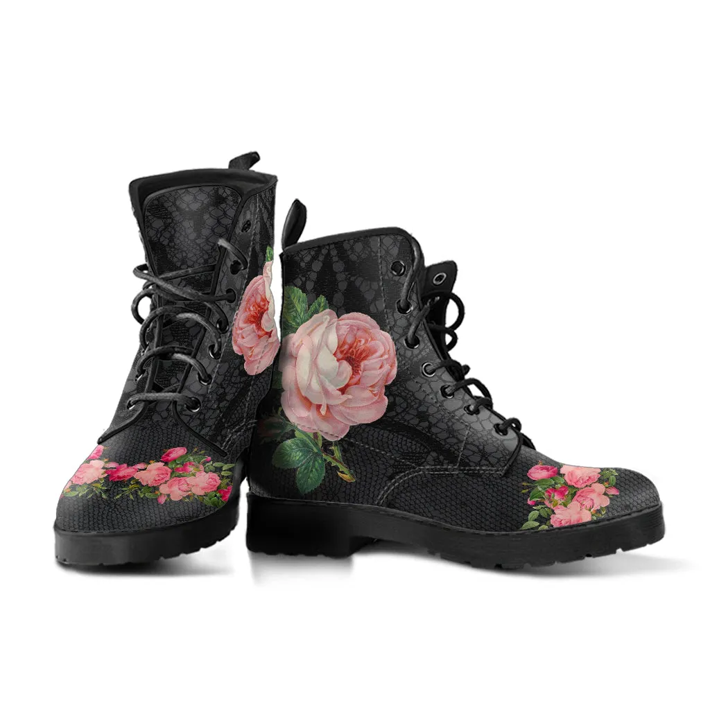 Combat Boots - Vintage Style Flowers #103 | Boho Shoes, Handmade Lace Up Boots, Vegan Leather Lace Up Boots Women