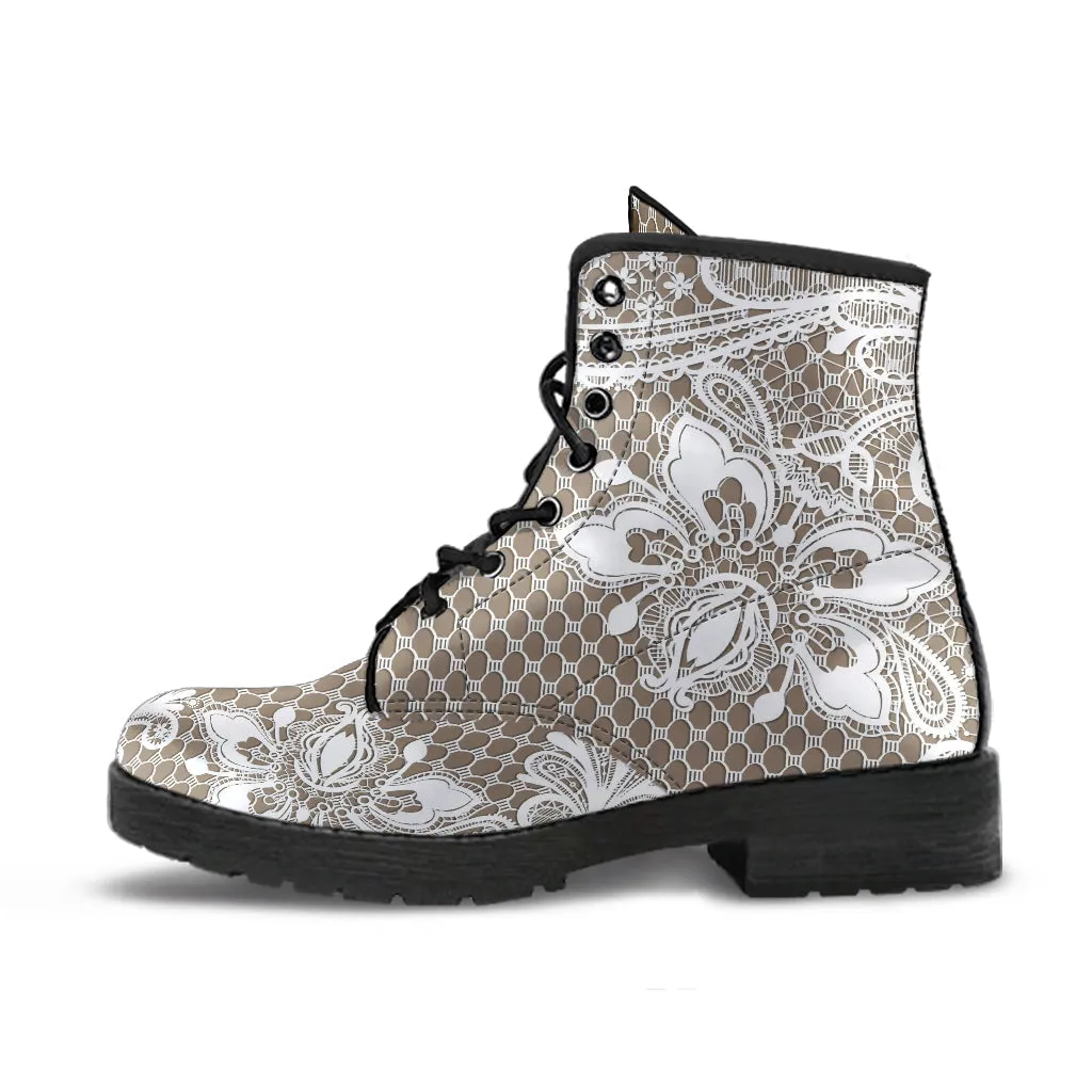 Combat Boots - White Lace Print #301B | Women's Boots, Custom Shoes, Aesthetic Shoes, Sorority Shoes, Vegan Leather, Vegan Shoes, 90s Boots