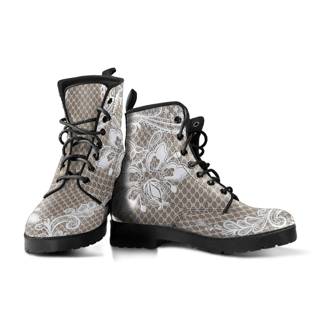 Combat Boots - White Lace Print #301B | Women's Boots, Custom Shoes, Aesthetic Shoes, Sorority Shoes, Vegan Leather, Vegan Shoes, 90s Boots