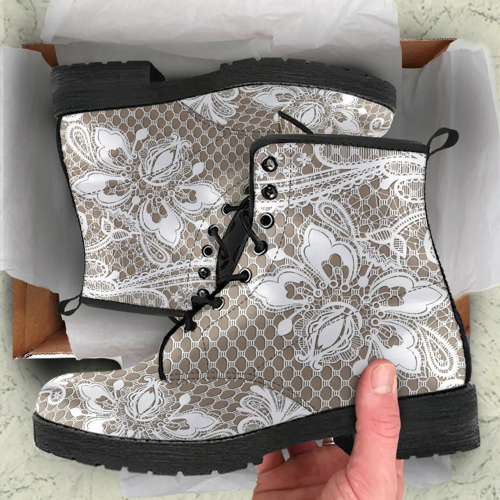 Combat Boots - White Lace Print #301B | Women's Boots, Custom Shoes, Aesthetic Shoes, Sorority Shoes, Vegan Leather, Vegan Shoes, 90s Boots