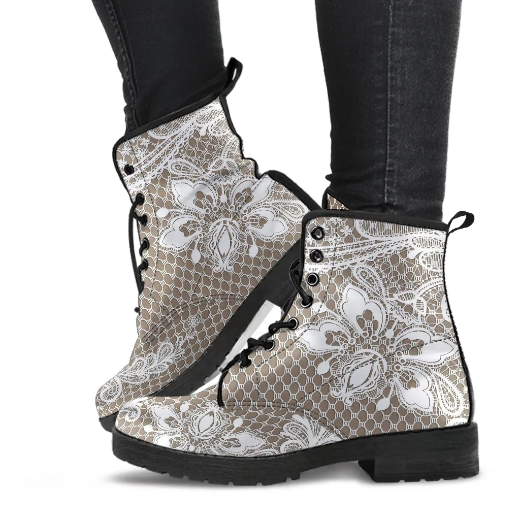 Combat Boots - White Lace Print #301B | Women's Boots, Custom Shoes, Aesthetic Shoes, Sorority Shoes, Vegan Leather, Vegan Shoes, 90s Boots
