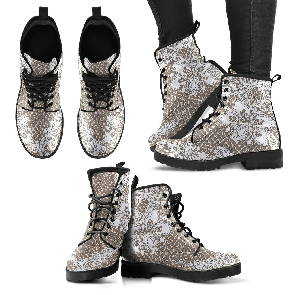 Combat Boots - White Lace Print #301B | Women's Boots, Custom Shoes, Aesthetic Shoes, Sorority Shoes, Vegan Leather, Vegan Shoes, 90s Boots