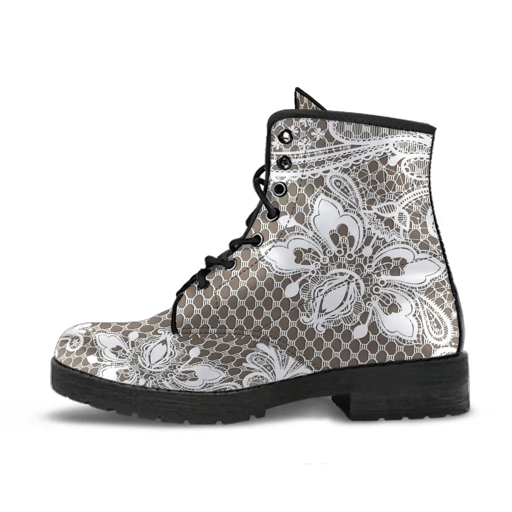 Combat Boots - White Lace Print #301B | Women's Boots, Custom Shoes, Aesthetic Shoes, Sorority Shoes, Vegan Leather, Vegan Shoes, 90s Boots