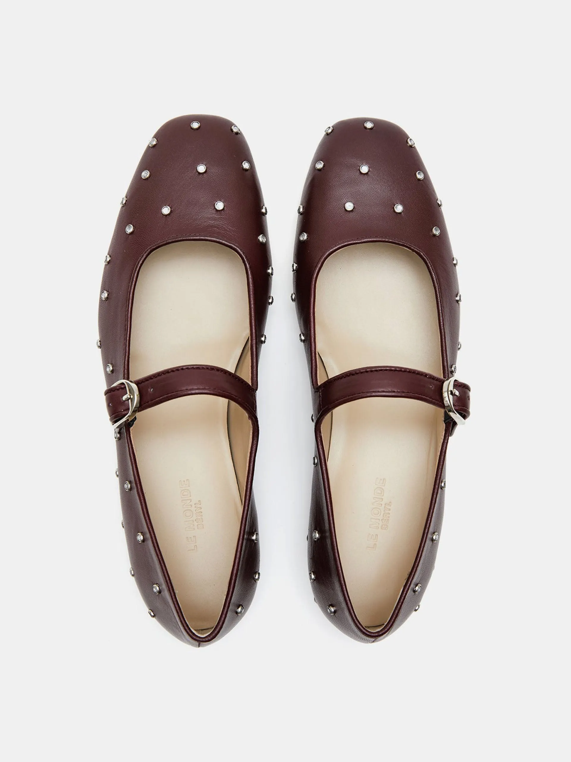 Crystal studded oxblood  leather Mary Jane flats